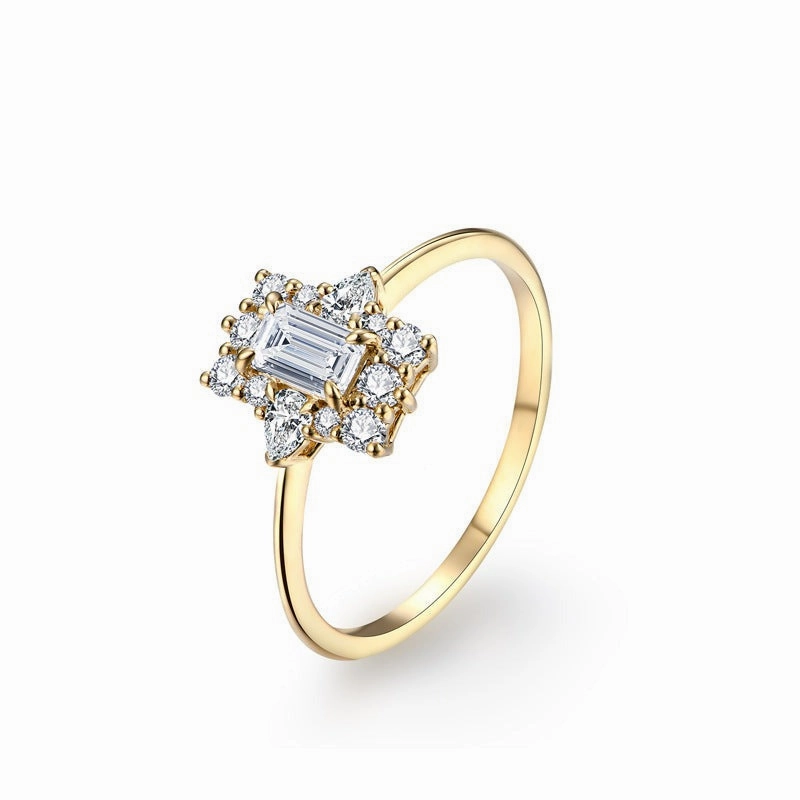 Variable Fit Emerald Cut Halo Engagement Ring | Moissanite | 18K Gold