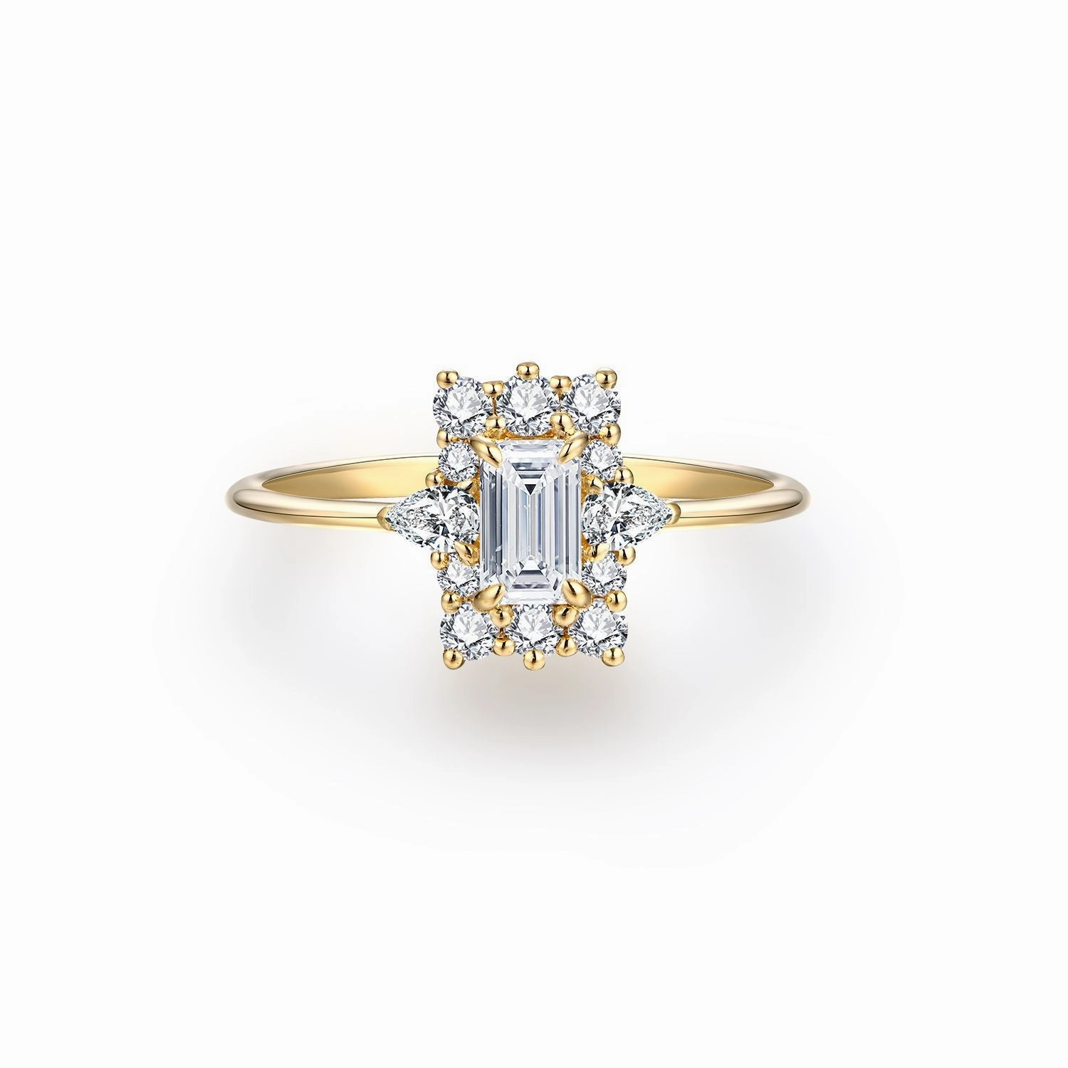 Bright Look Emerald Cut Halo Engagement Ring | Moissanite | 18K Gold
