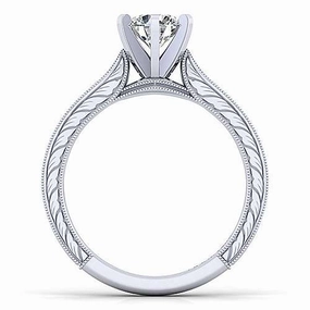 Quality Design Engraved Shank Round Diamond Ring 14K White Gold 196A