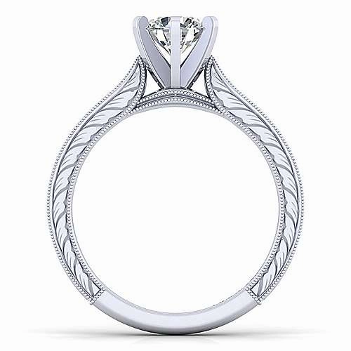 Engraved Shank Round Diamond Ring 14K White Gold 196A Stylish Accent Creative Detail