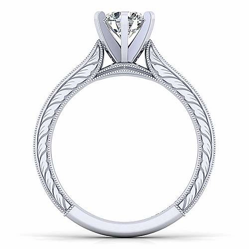 Quality Design Engraved Shank Round Diamond Ring 14K White Gold 196A
