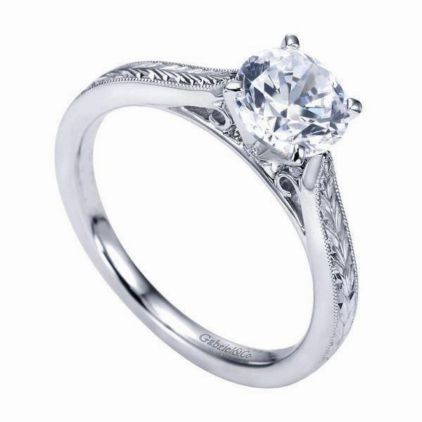Engraved Solitaire Round Diamond Ring 14K White Gold 220A Lightweight Style