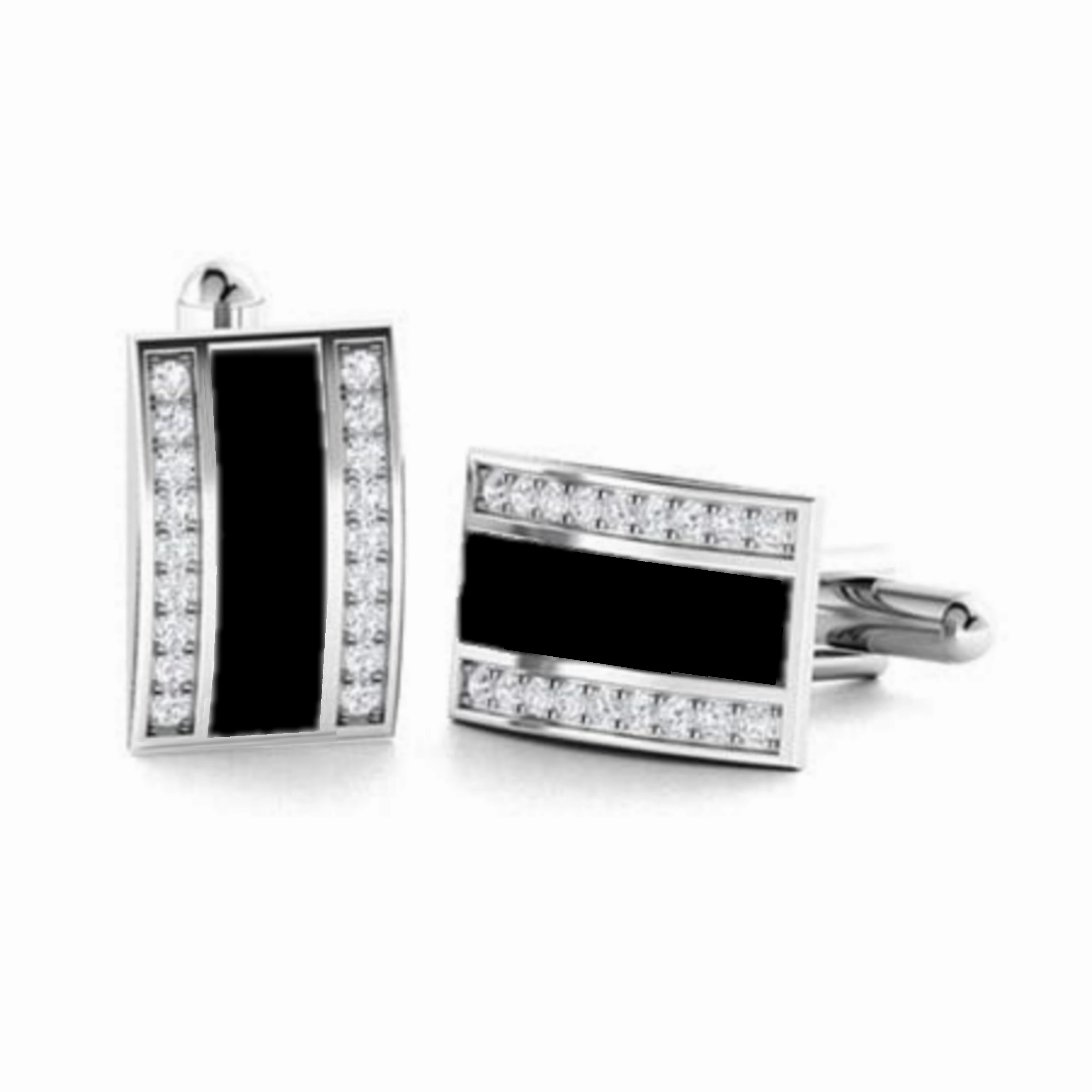 Rhodium Plated Sterling Silver Mother of Pearl / Black Onyx and CZ Rectangular Cufflinks Statement Vibe Timeless Embellishments