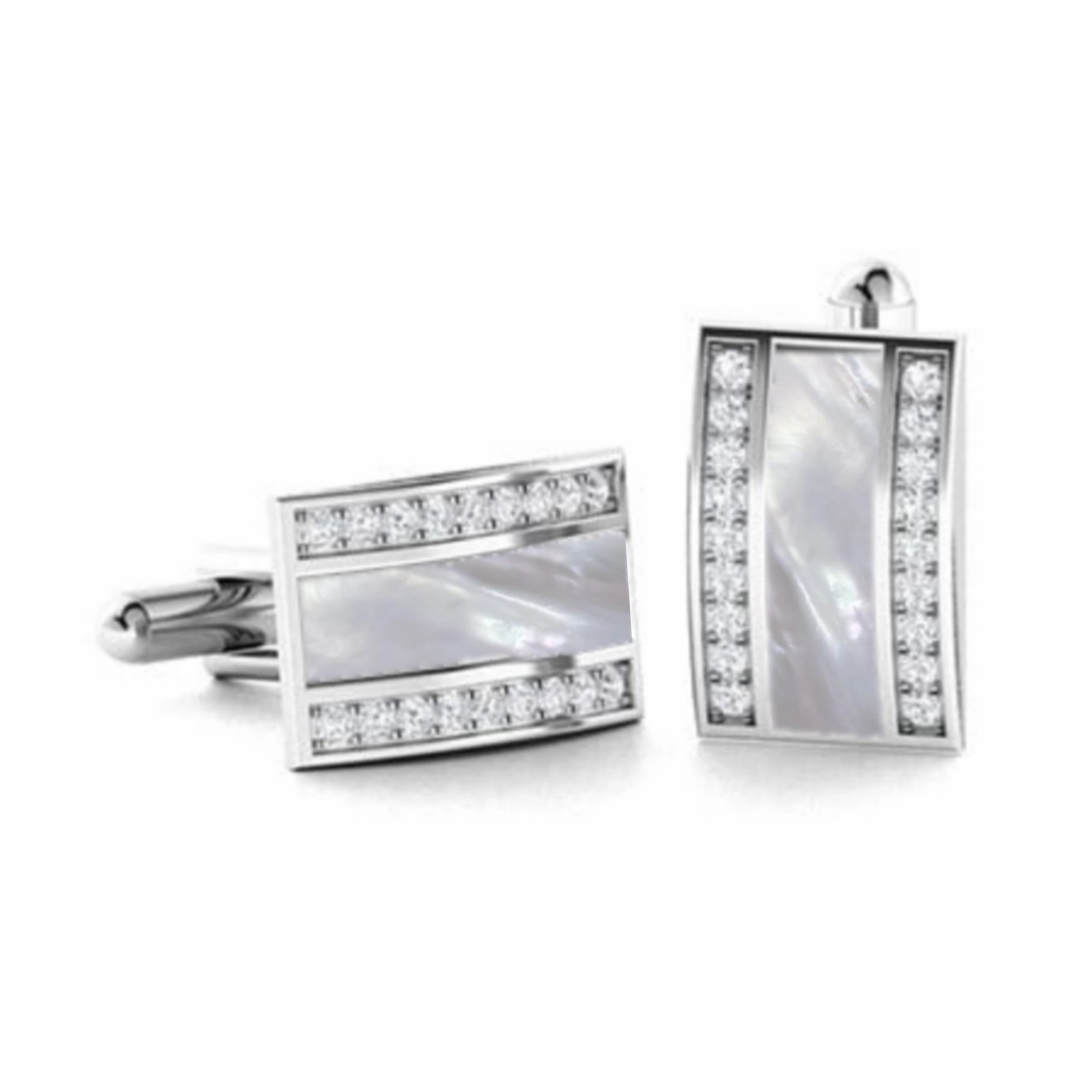 Weekend Vibe Rhodium Plated Sterling Silver Mother of Pearl / Black Onyx and CZ Rectangular Cufflinks