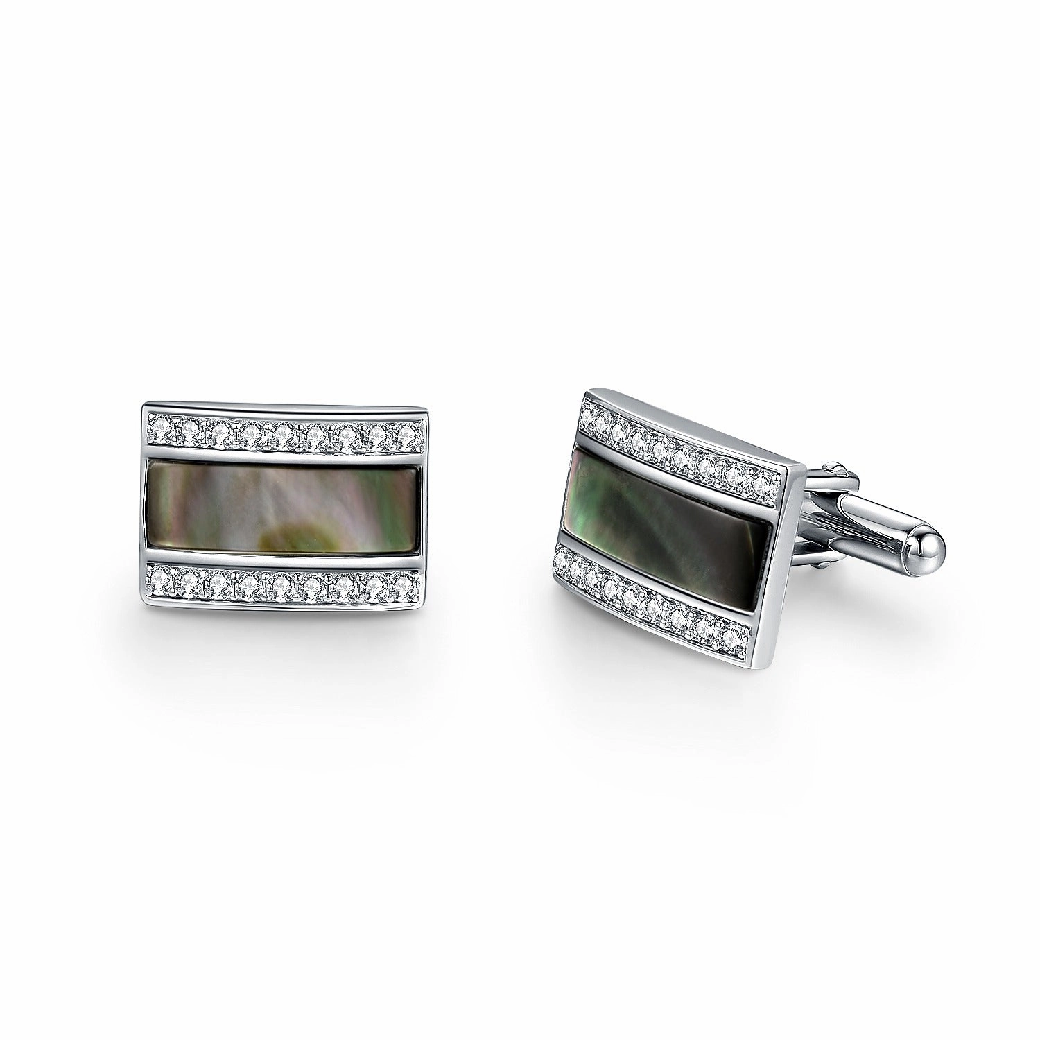 Rhodium Plated Sterling Silver Mother of Pearl / Black Onyx and CZ Rectangular Cufflinks Luxurious Piece Luxury Highlight