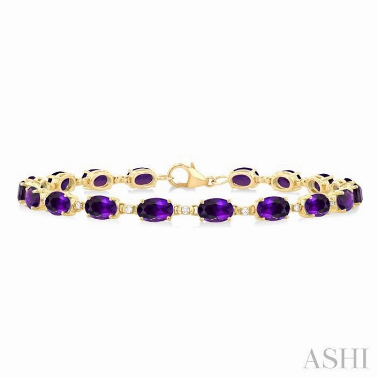 Quiet Luxury 6X4 MM Oval Cut Amethyst and 1/6 Ctw Round Cut Diamond Semi-Precious Tennis Bracelet in 10K Yellow Gold