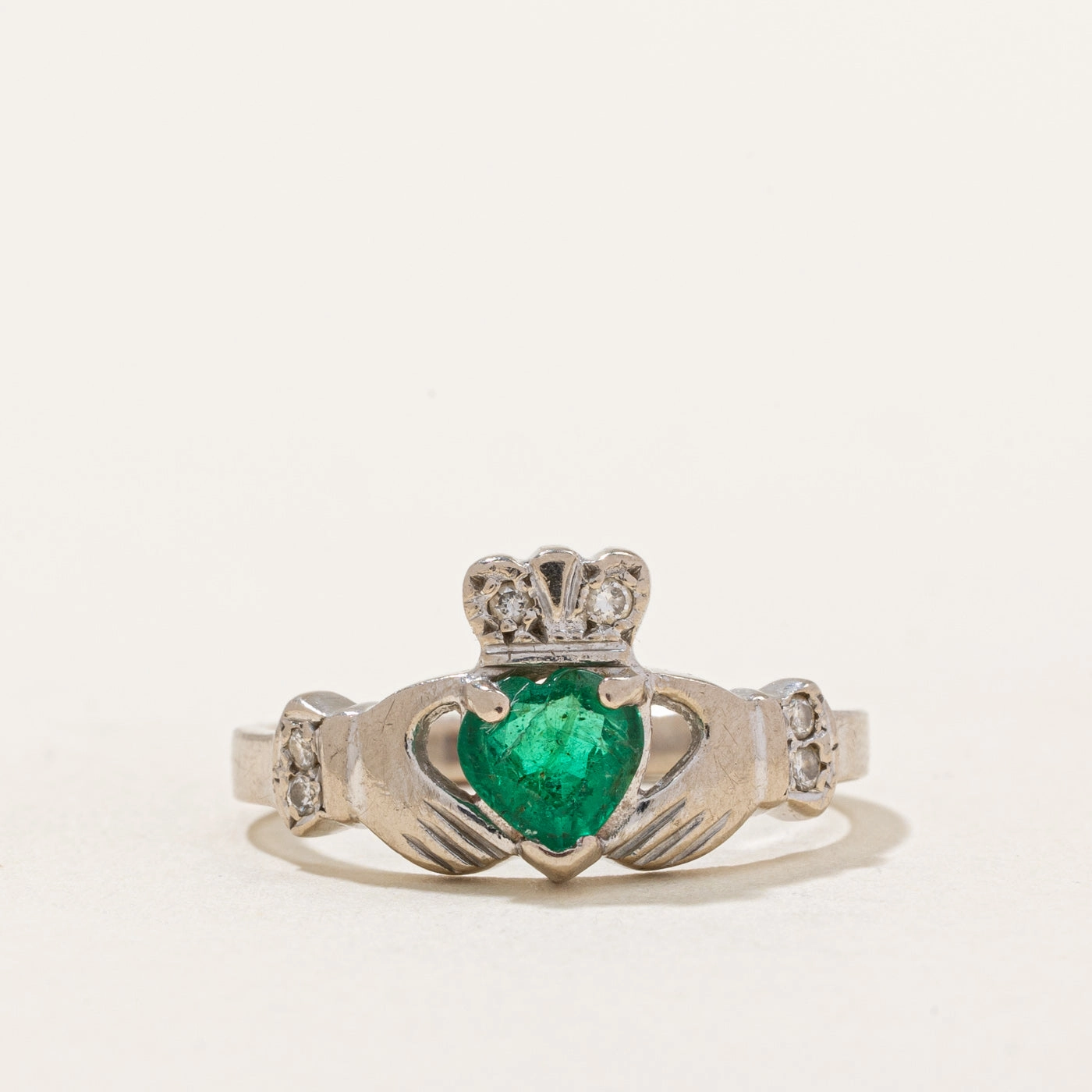 Dublin Hallmarked Emerald & Diamond Claddagh Ring | 0.36ct, 0.03ctw | SZ 5.75 | Classic Shape