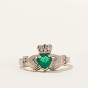 Dublin Hallmarked Emerald & Diamond Claddagh Ring | 0.36ct, 0.03ctw | SZ 5.75 | Classic Shape