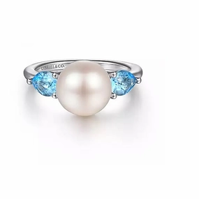 Ornate Creation Affordable Luxury Sterling Silver Pearl & Swiss Blue Topaz Fashion Ring. Finger Size 6.5