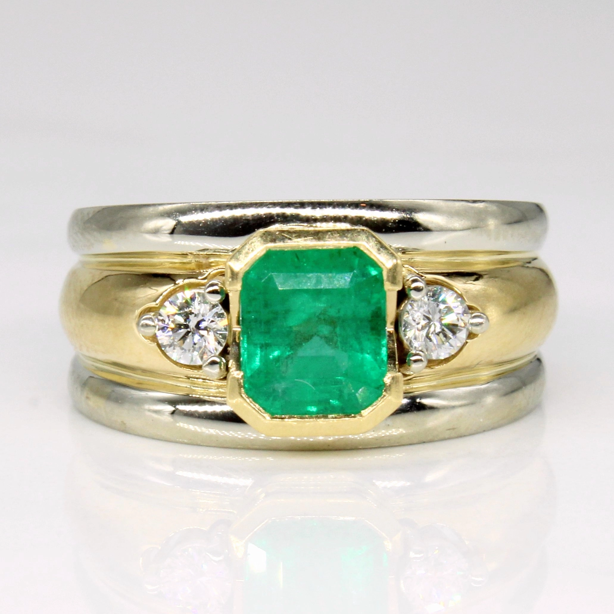 Night Detail Brilliant Shine Emerald & Diamond Three Stone Cocktail Ring | 1.20ct, 0.16ctw | SZ 5.75 |