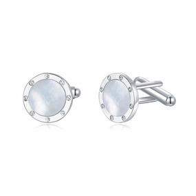 Luxurious Shine Rhodium Plated Round Border Around Mother of Pearl Cufflinks