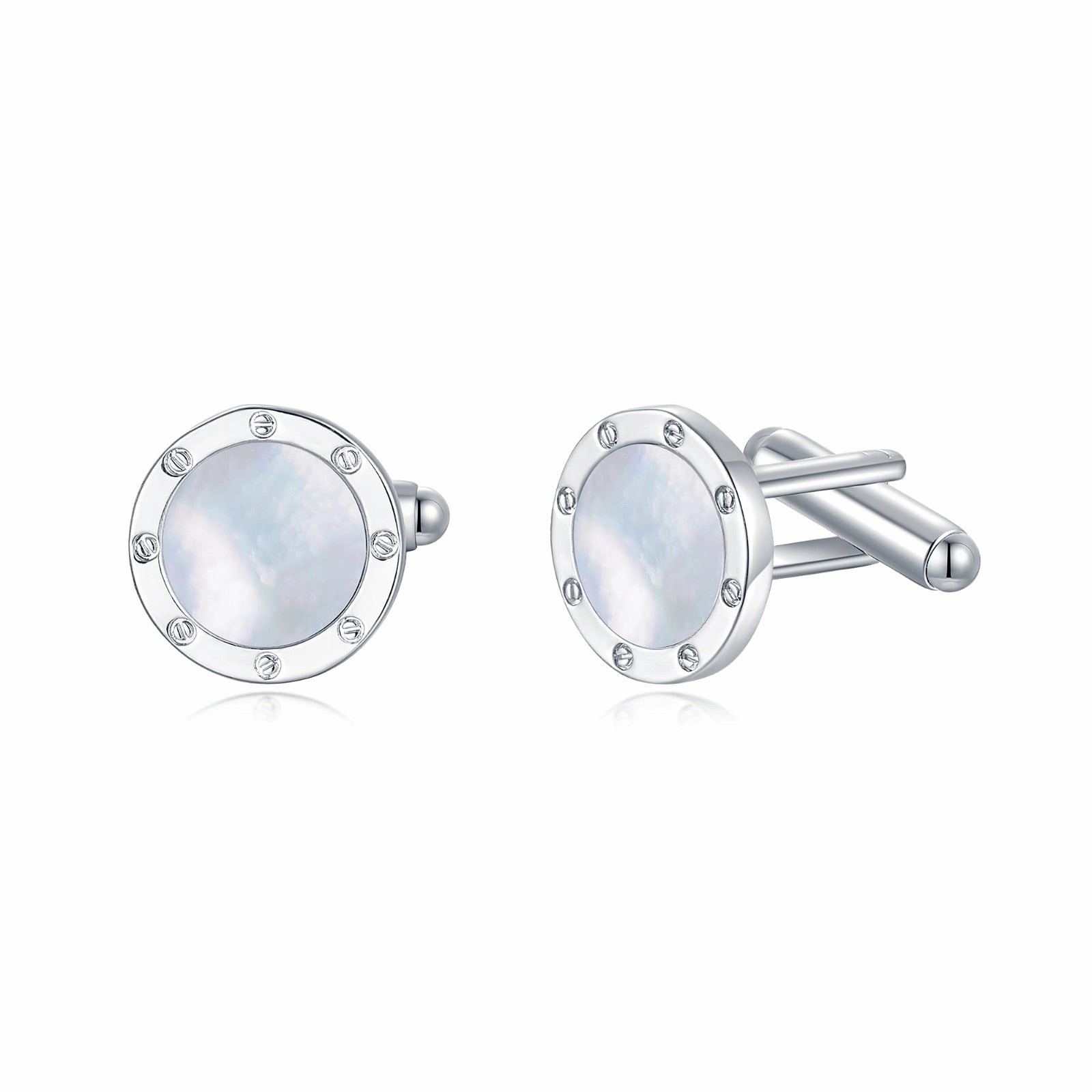 Luxurious Shine Rhodium Plated Round Border Around Mother of Pearl Cufflinks