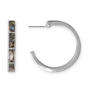 Charming Detail Chic Glam Silver Tone Fashion Hoop Earrings with Genuine Abalone Shell Inlay