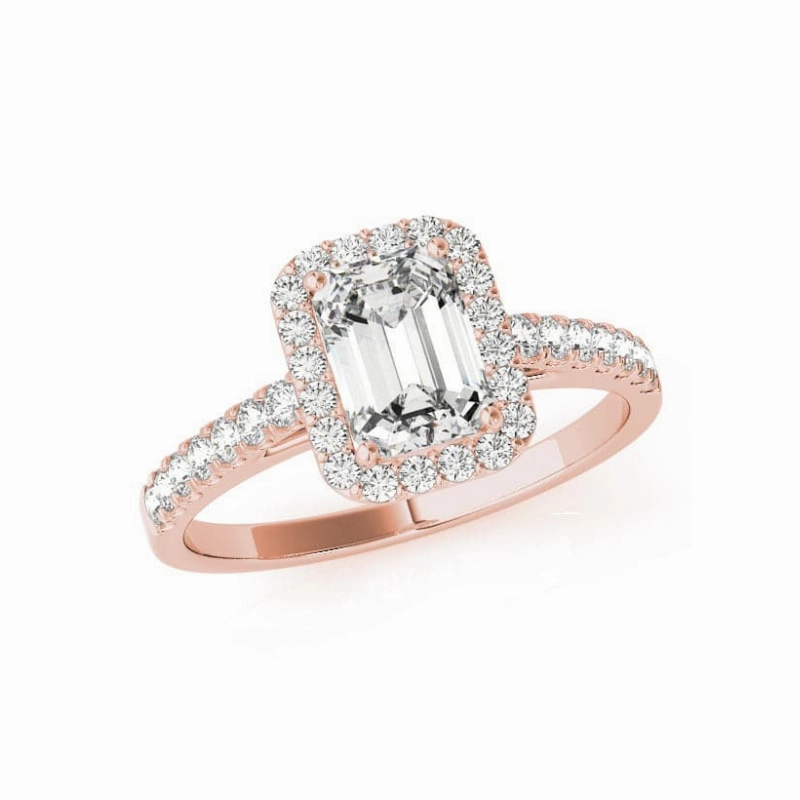 Solid Construction 14K Gold Emerald Cut Diamond Halo Engagement Ring