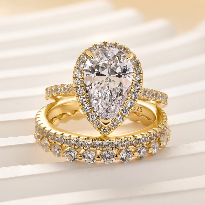 Louily 3PC Classic Halo Pear Cut Wedding Ring Set With Eternity Wedding Bands Holiday Ready Handmade Jewelry