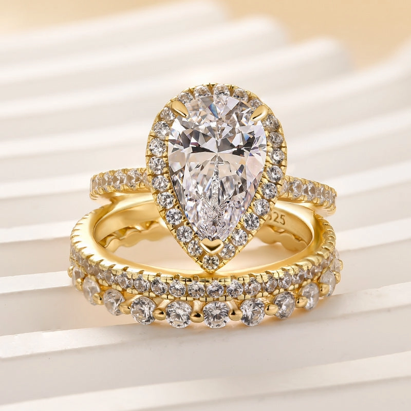 Refined Fashion Flawless Look Louily 3PC Classic Halo Pear Cut Wedding Ring Set With Eternity Wedding Bands