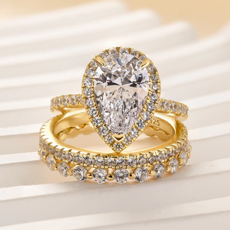 Distinctive Accent Louily 3PC Classic Halo Pear Cut Wedding Ring Set With Eternity Wedding Bands