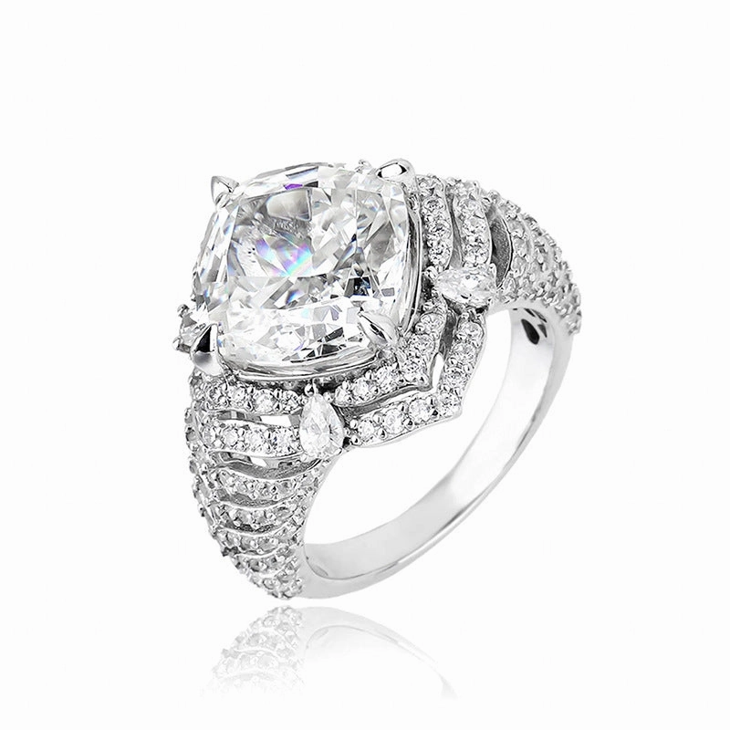 Exquisite Sterling Silver Cushion-Cut Diamond Halo Ring with Pave Band Special Keepsake Unique Mark