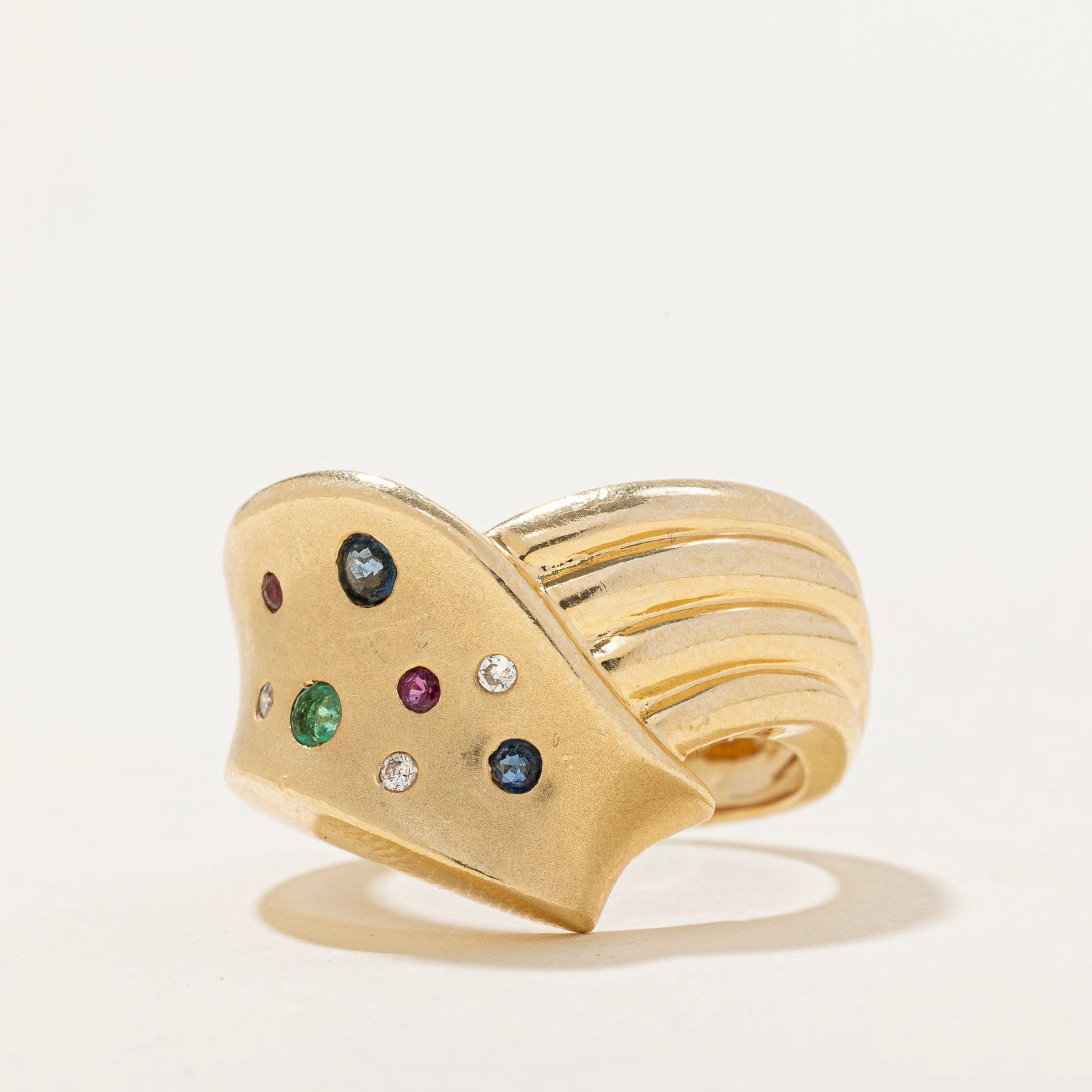 Polished Flow Multi Gemstone & Diamond Grooved Chevron Ring | 0.15ctw, 0.03ctw | SZ 1.75