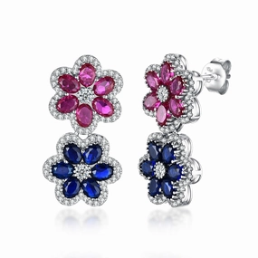 Subtle Glow Sterling Silver Sapphire and Ruby Colored CZ Double Flower Earring