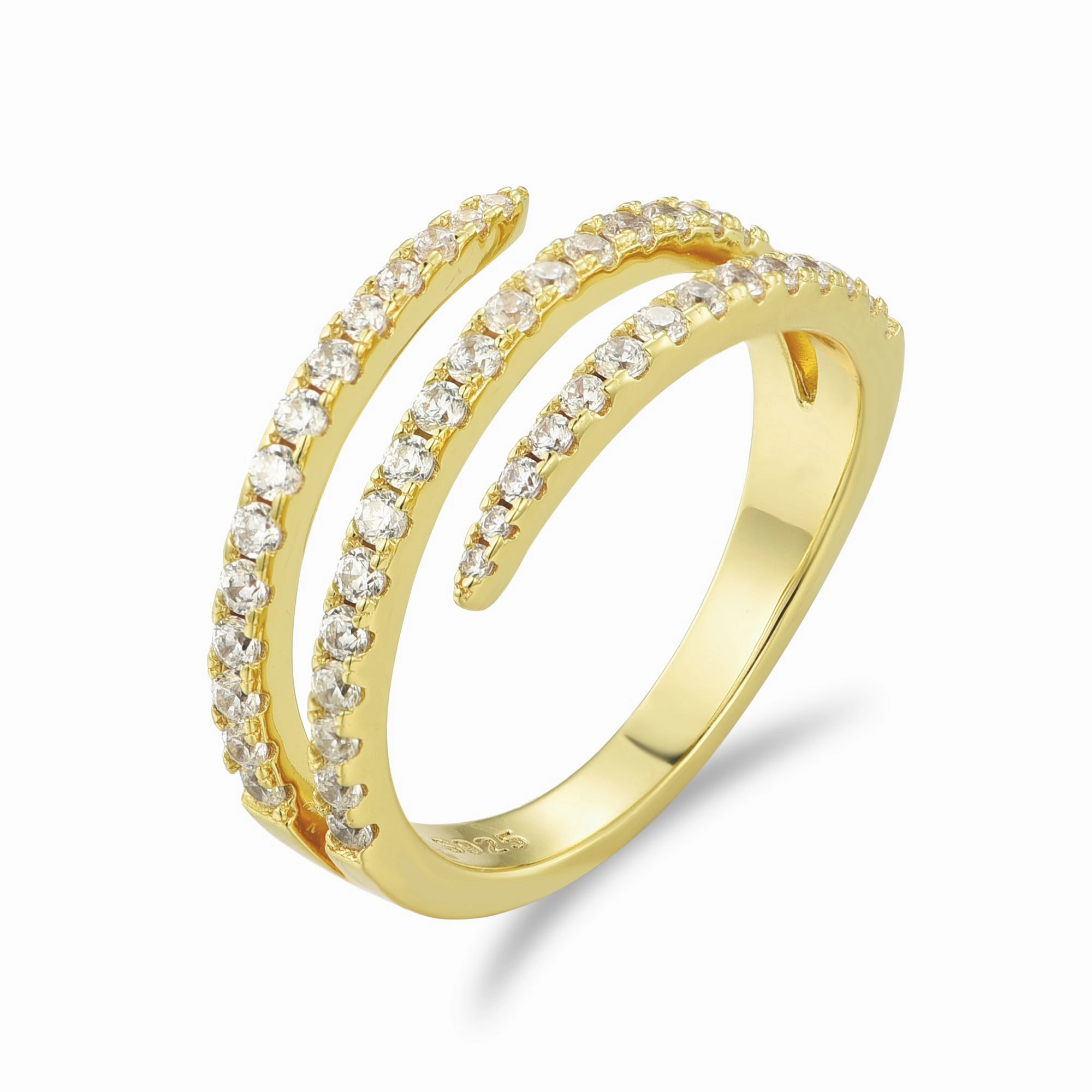 Polished Shine Sterling Silver Triple Swirl Bypass Micropave Ring in Rhodium Plated or Micron Gold Plated