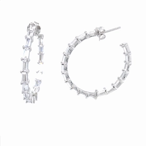 Sterling Silver Round 1 1/2'' Baguette Hoop Earrings High gloss Boho Accent