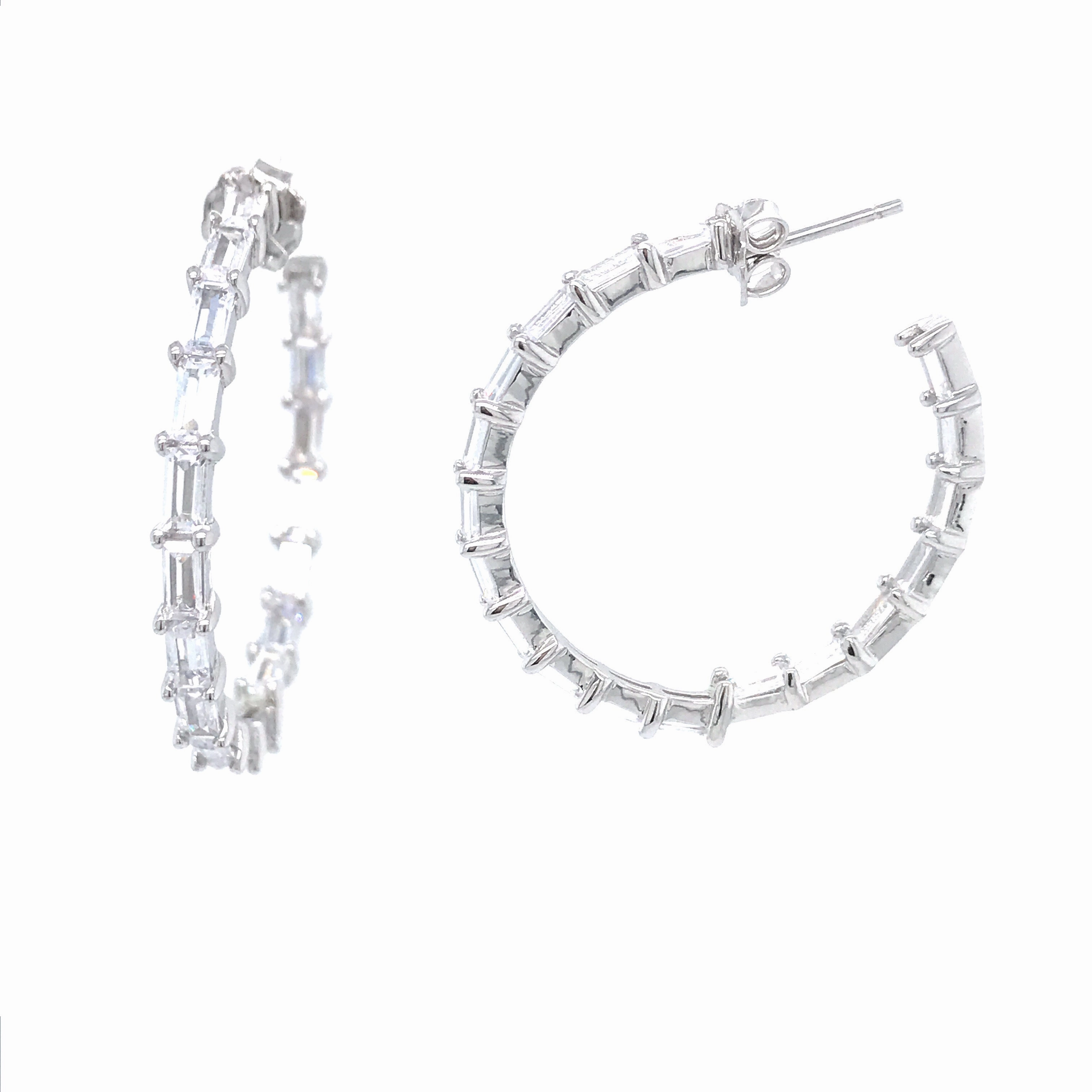 Sterling Silver Round 1 1/2'' Baguette Hoop Earrings High gloss Boho Accent