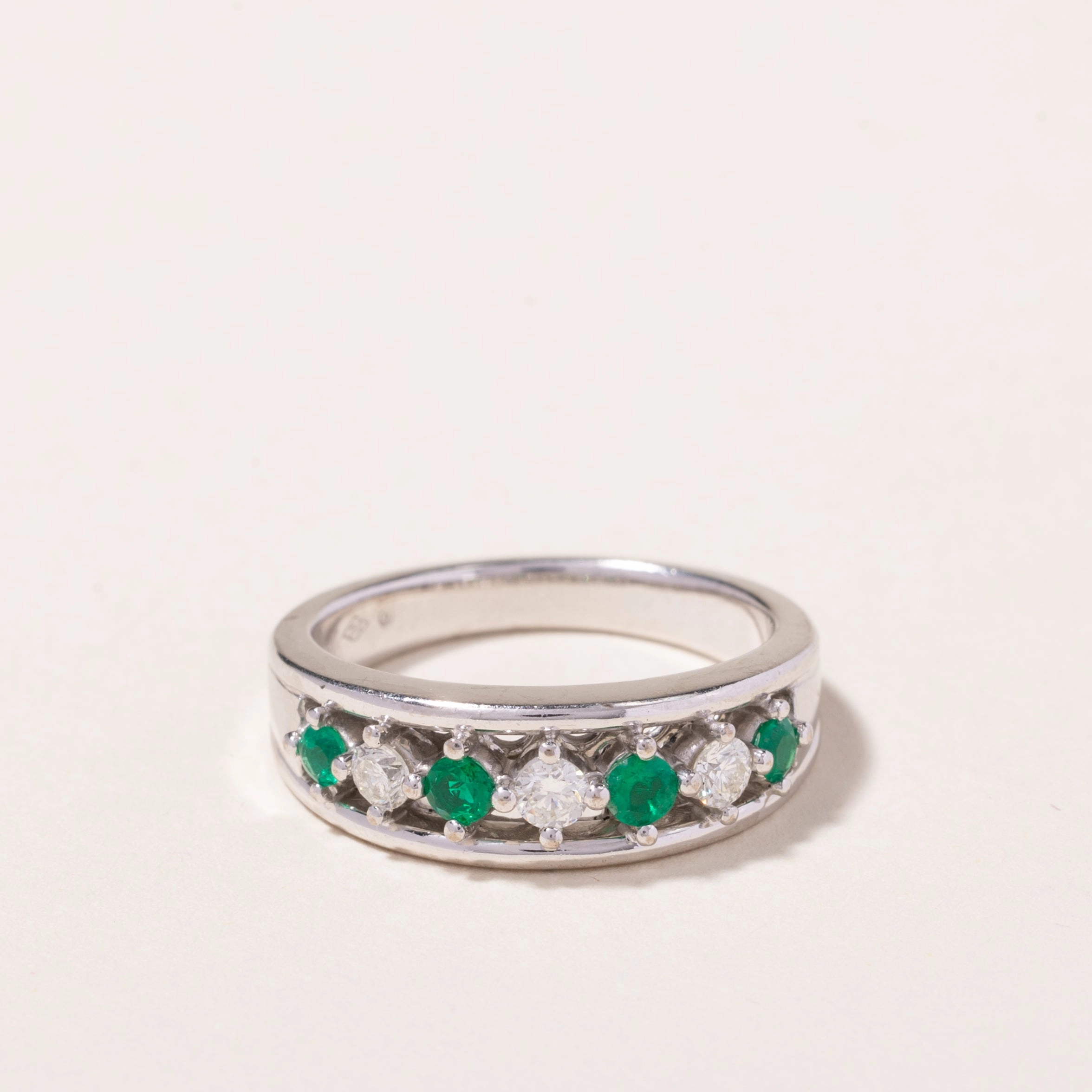 Chic Charm 18k White Gold Emerald & Diamond Ring | 0.21ctw, 0.20ctw | SZ 6.75