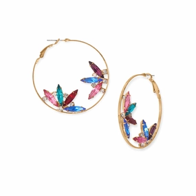Power Look Fashion Hoop Earrings with Multicolor Glass Flower Design