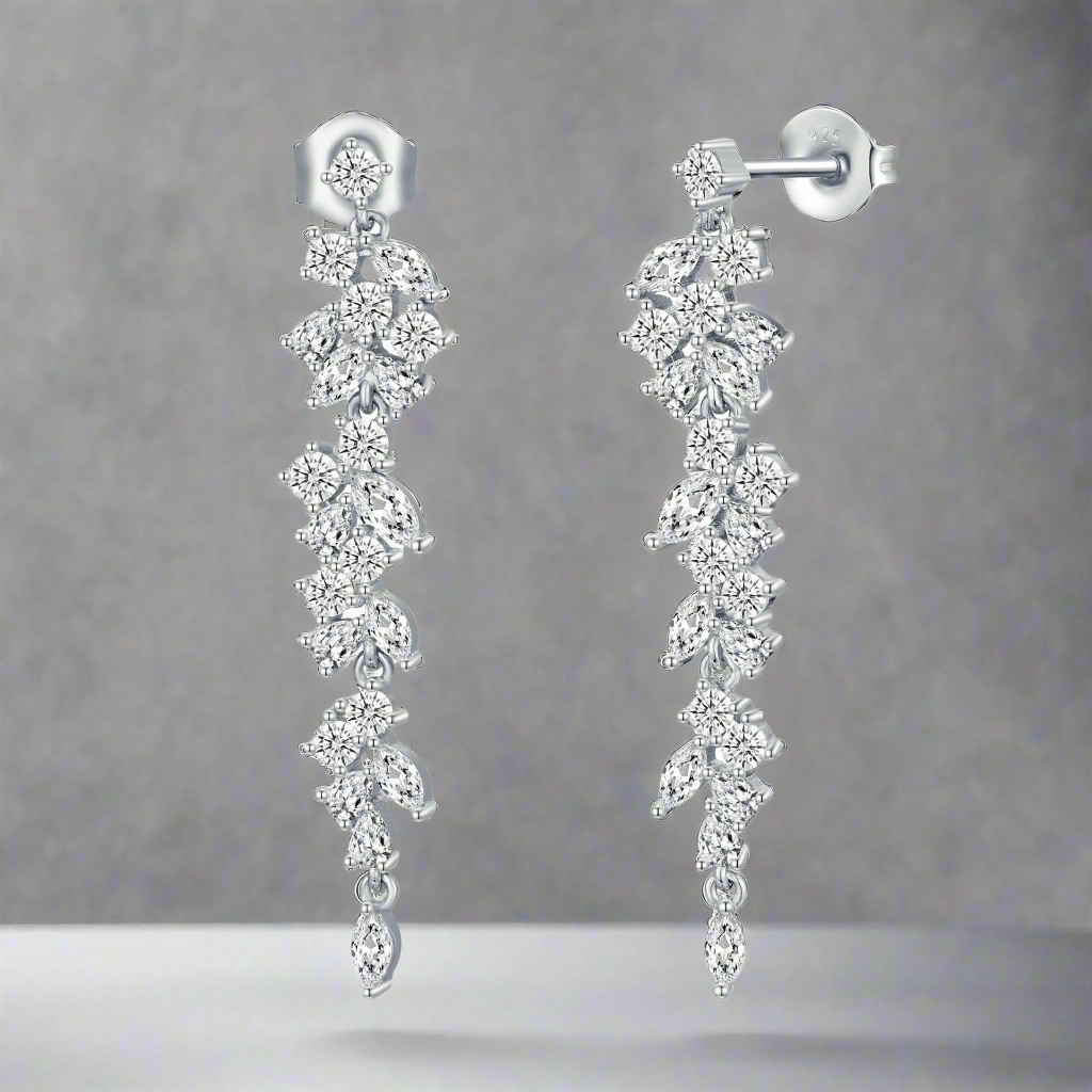Sterling Silver Cascading Fancy Shape Thin Dangling CZ Earring Shining Edge