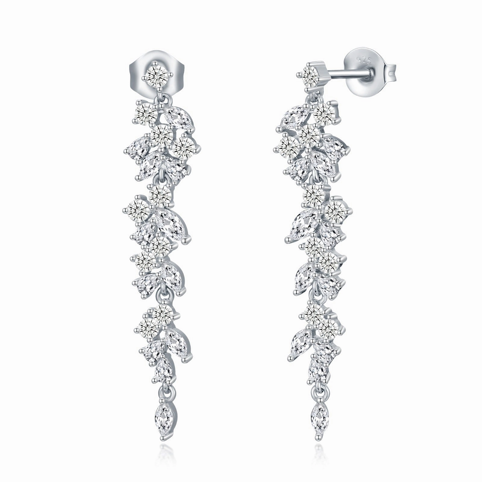 Sterling Silver Cascading Fancy Shape Thin Dangling CZ Earring Formal Wear