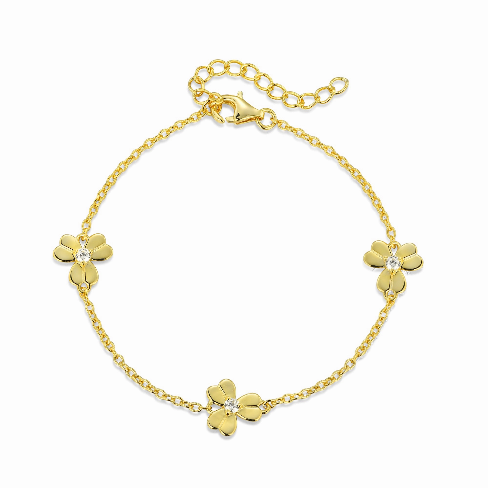 Chic Evening Premium Edge Gold Plated or Rhodium Plated Sterling Silver Three Leaf Flower With CZ Station Bracelet