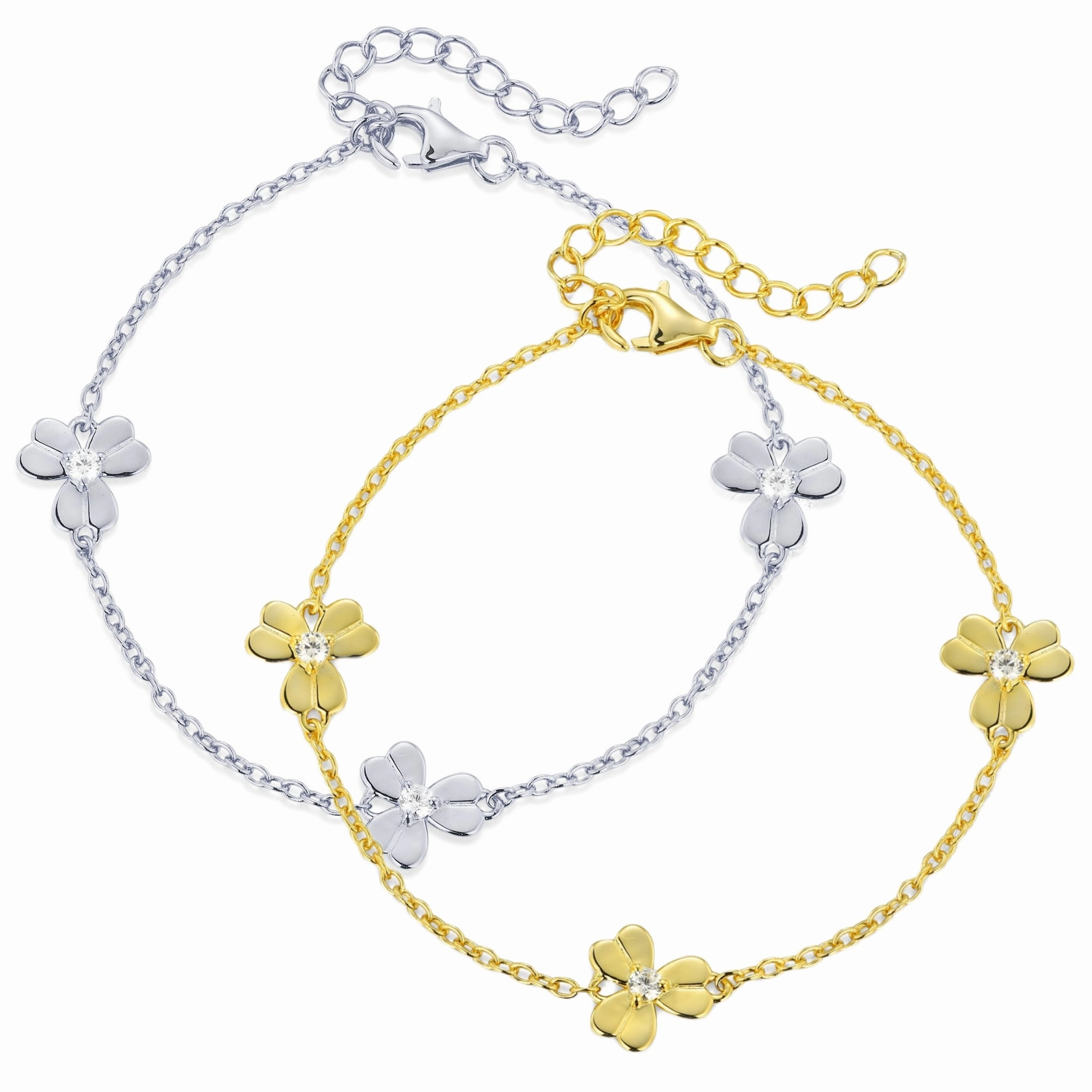 Timeless Gem Gold Plated or Rhodium Plated Sterling Silver Three Leaf Flower With CZ Station Bracelet