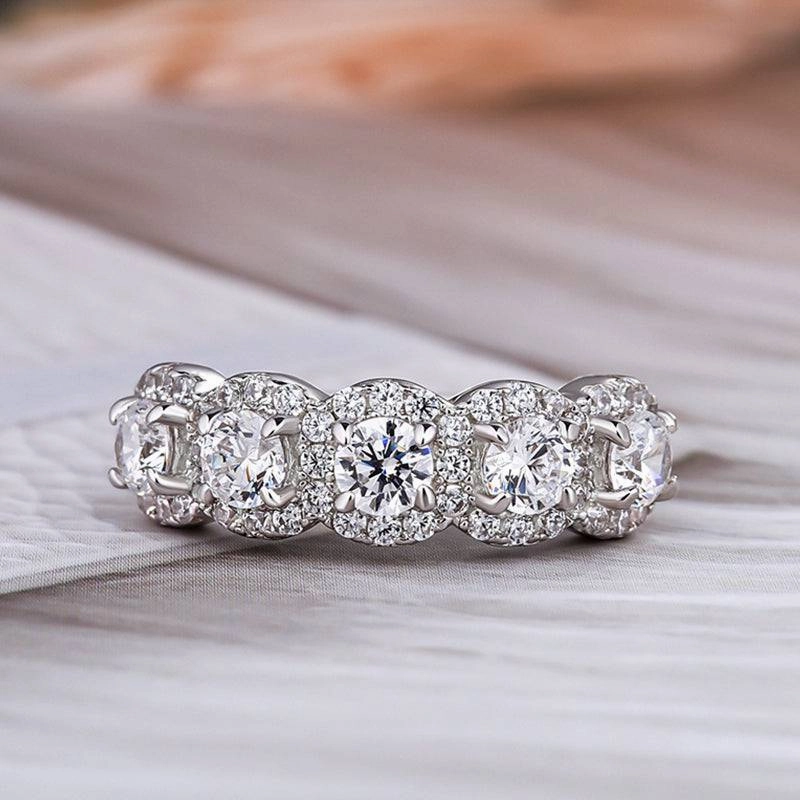 Floral Mood Louily Fashion Halo Five Stone Anniversary Ring In Sterling Silver