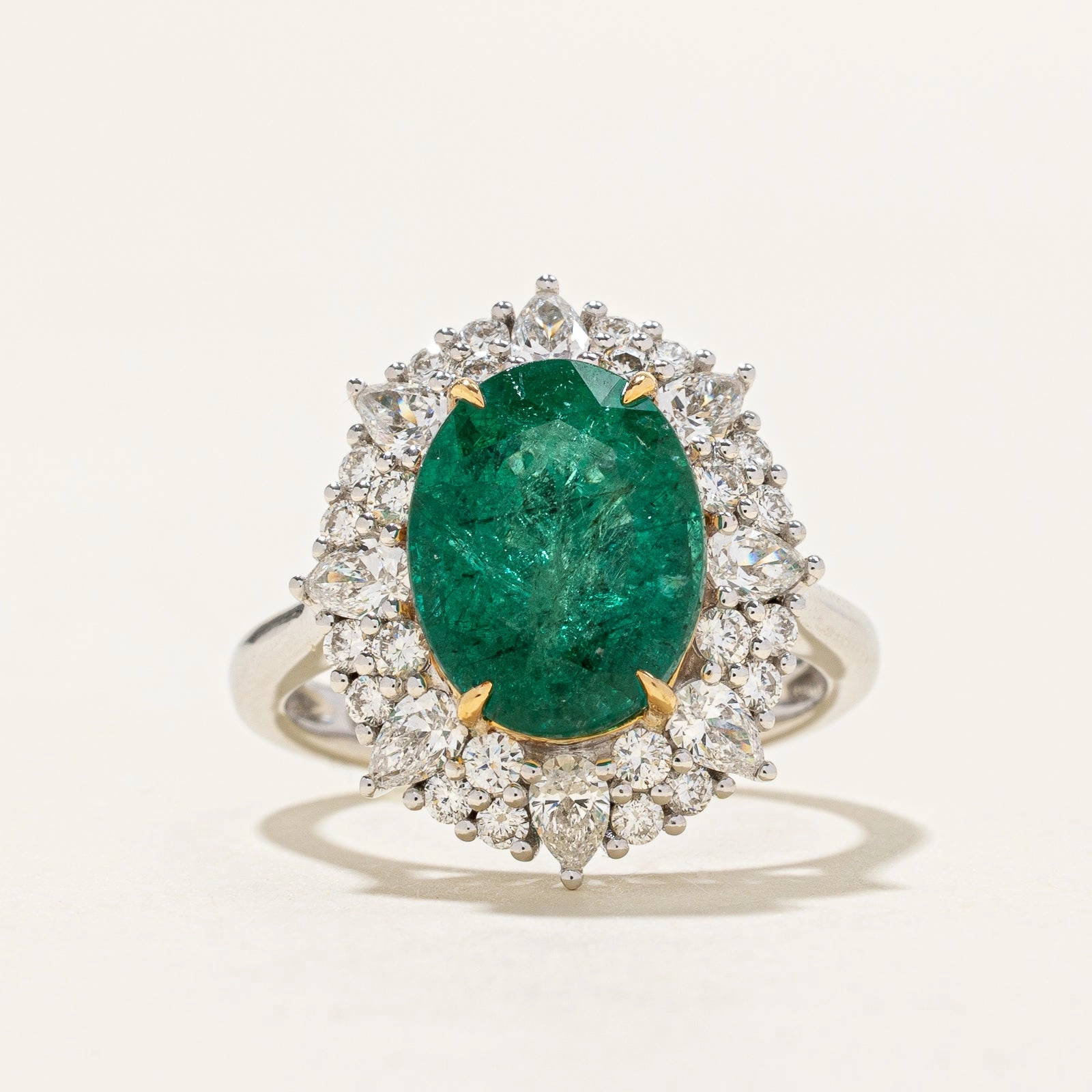 Emerald & Diamond Halo Cocktail Ring | 3.92ct, 0.667ct | SZ 6 Luxe Mood