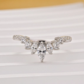 Wedding Gift Vintage Marquise Cut & Round Cut Crown-Shaped Wedding Band In Sterling Silver