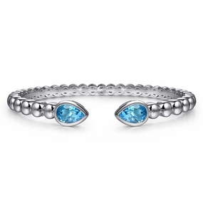 6.25" Sterling Silver Bujukan & Pear Shape Blue Topaz Split Bangle Bracelet Tarnish Proof