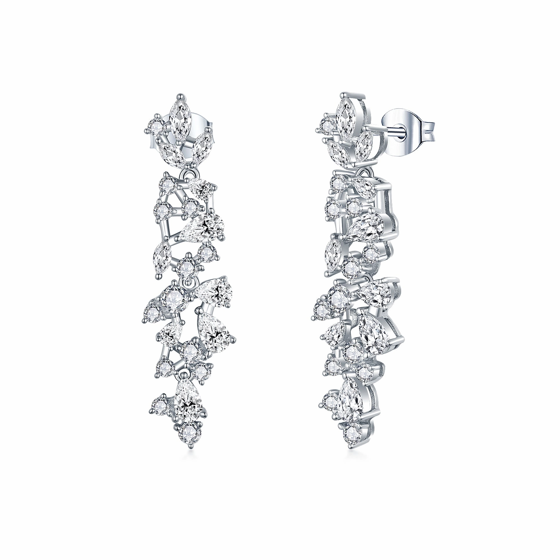 Rhodium Plated Sterling Silver Cascading Fancy Shape CZ Earring Weekend Chic shiny accents