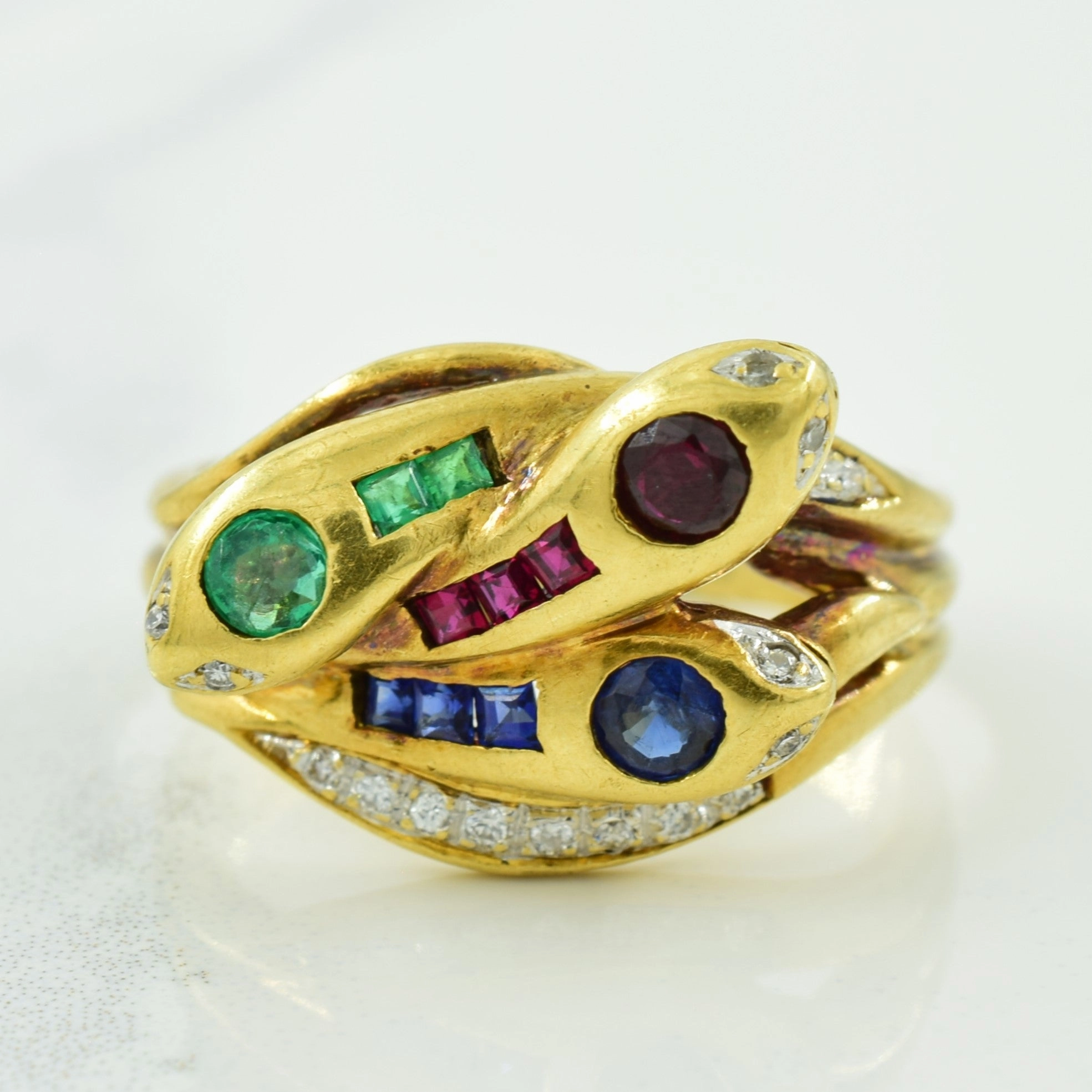 High-End Quality Shining Detail Multi Gemstone & Diamond Snake Ring | 0.40ctw, 0.06ctw | SZ 6.5 |