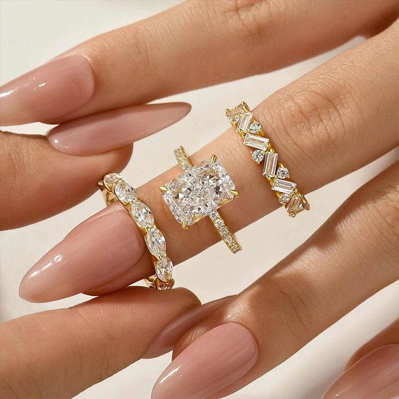 3PC 4.5Ct Radiant Cut Wedding Ring Set With Two Luxe Wedding Bands Casual Wear Refined Gifts