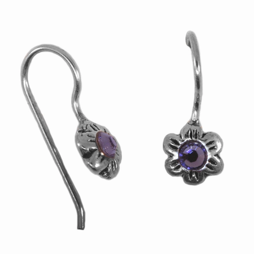 Flower Earrings Purple Crystal Rhinestone Center Sterling Silver Timeless Embellishments Bold Style