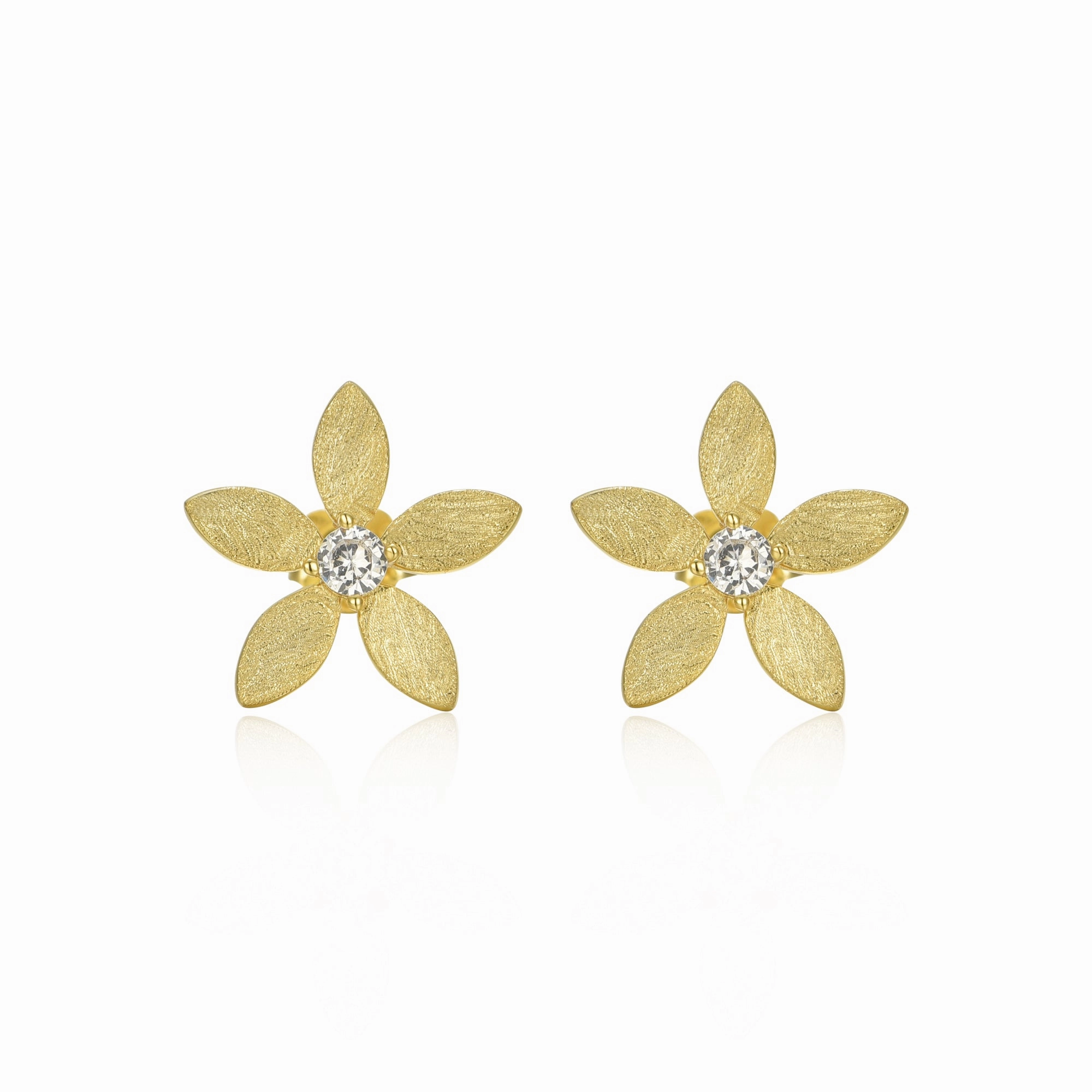 Timeless Shine Shine Sterling Silver Brushed Gold Plated Flower With Center CZ Stud Earring