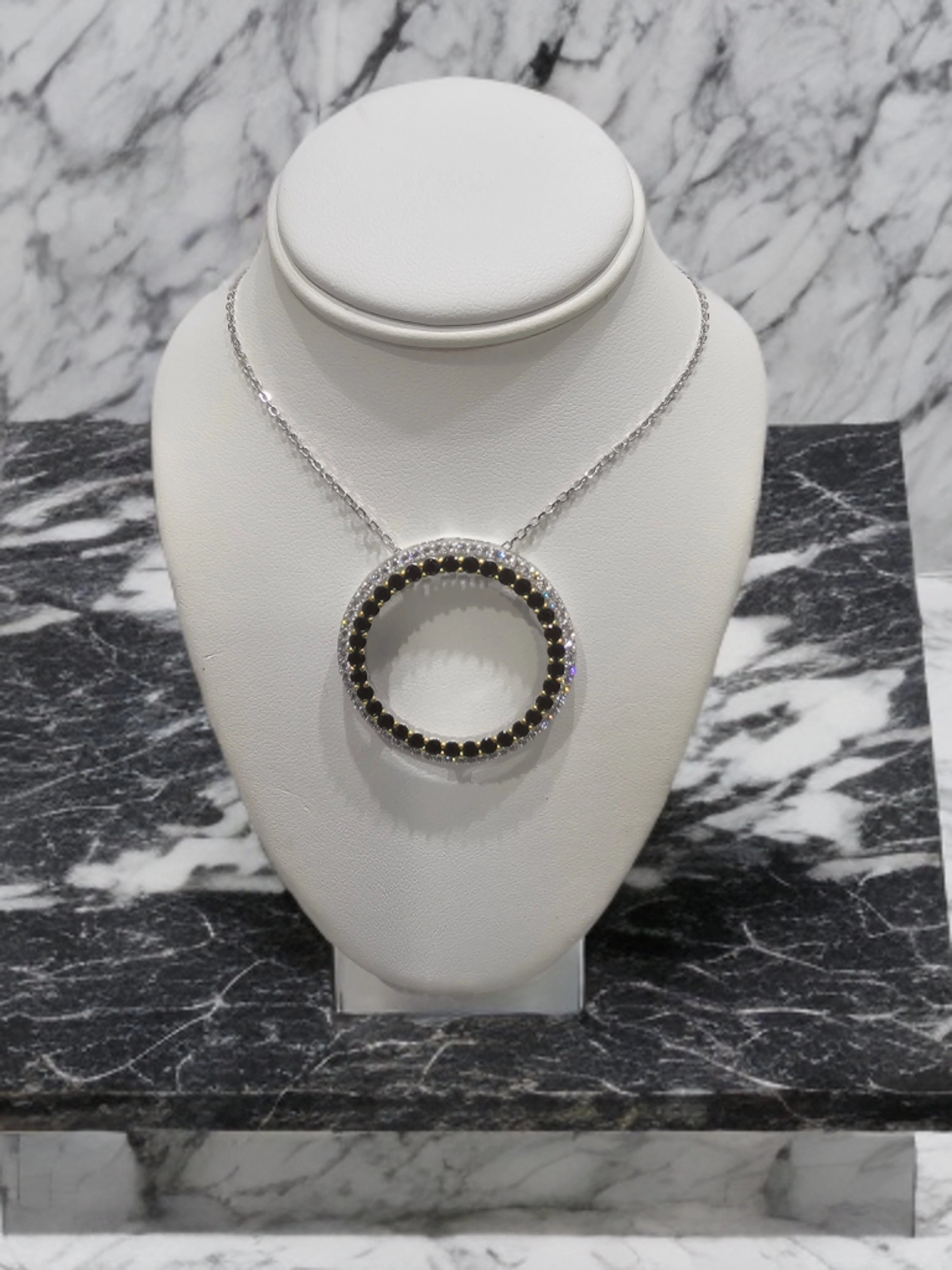 Contemporary Shine Glistening Piece Sterling Silver Two Tone Pendant Necklace With Clear and Colored Stone On Diamond Cut Chain