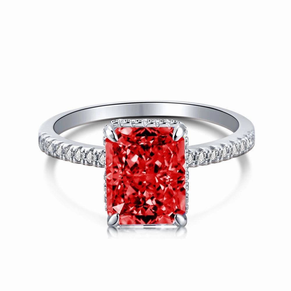 Earth Friendly Fire Red Solitaire Radiant Cut Half Eternity Diamond Ring Sterling Silver