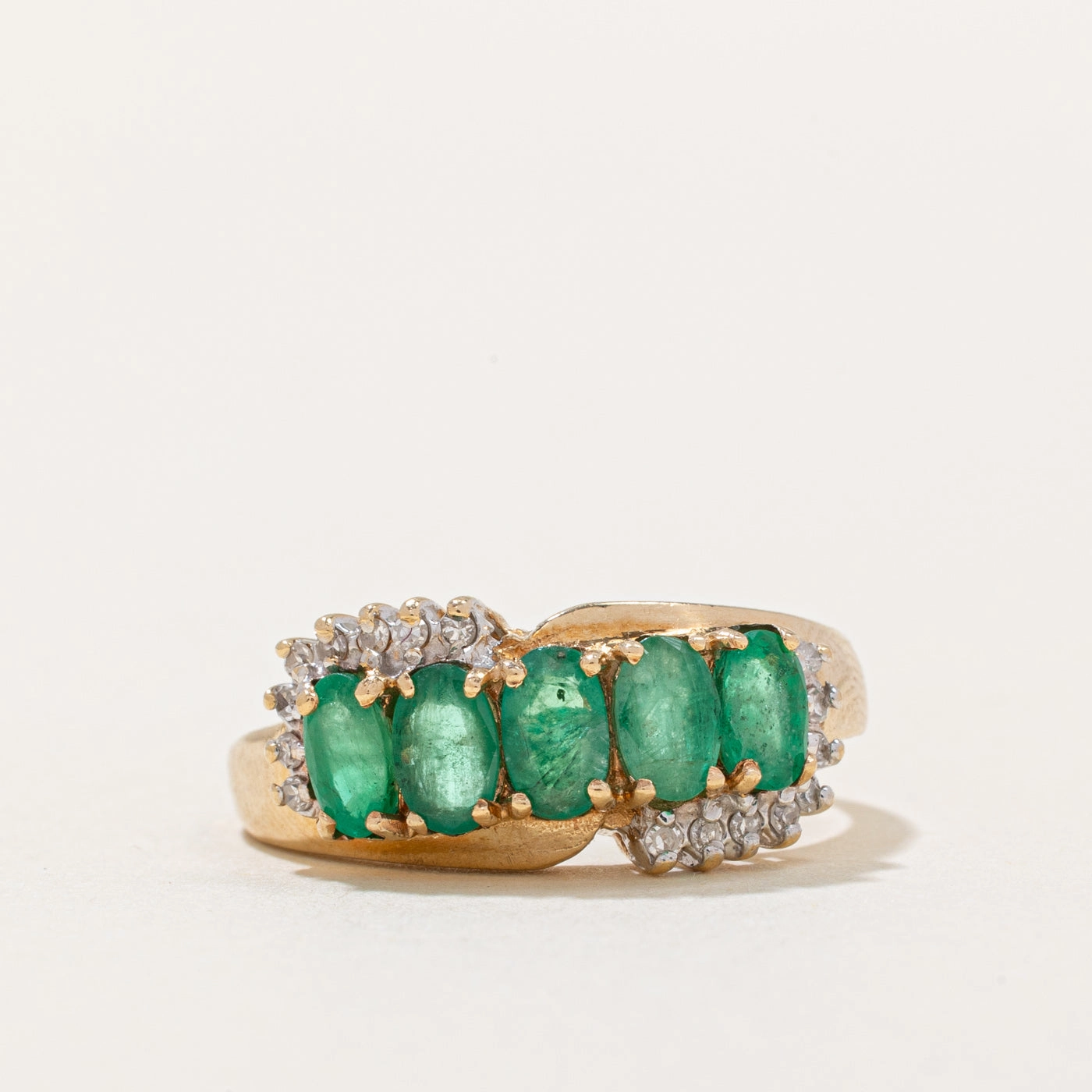 Light tone Handmade Glam Five Stone Emerald & Diamond Ring | 1.25ctw, 0.08ctw | SZ 7 |