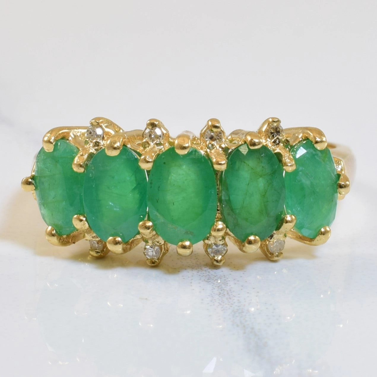 Impeccable Touch Valentine Gift Five Stone Emerald & Diamond Ring | 1.50ctw, 0.04ctw | SZ 7.75 |