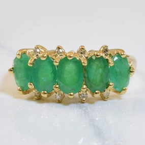 Impeccable Touch Valentine Gift Five Stone Emerald & Diamond Ring | 1.50ctw, 0.04ctw | SZ 7.75 |