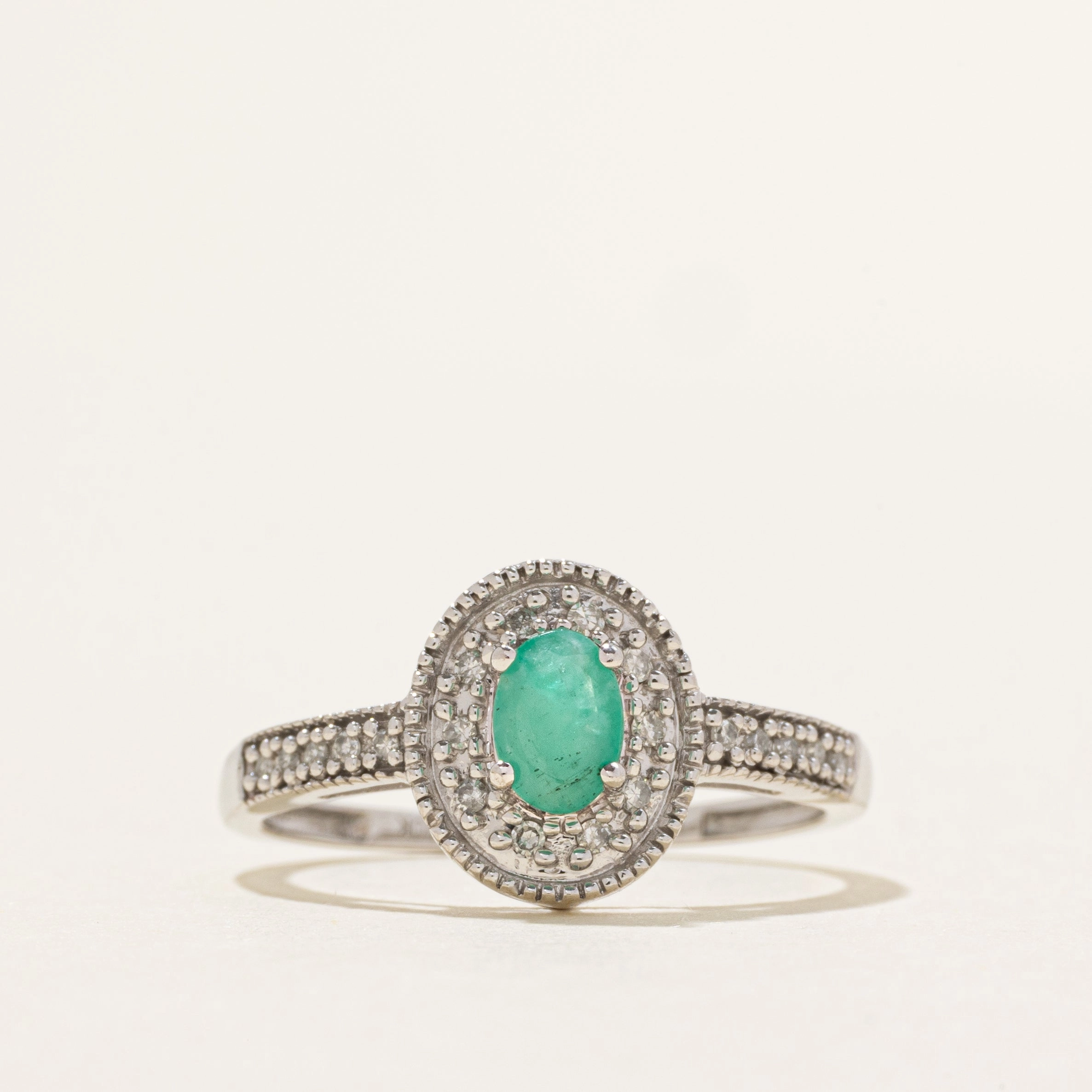 Modern Minimal Cool Finish Oval Cut Emerald & Diamond Halo Ring | 0.36ct, 0.10ctw | SZ 9