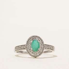 Modern Minimal Cool Finish Oval Cut Emerald & Diamond Halo Ring | 0.36ct, 0.10ctw | SZ 9