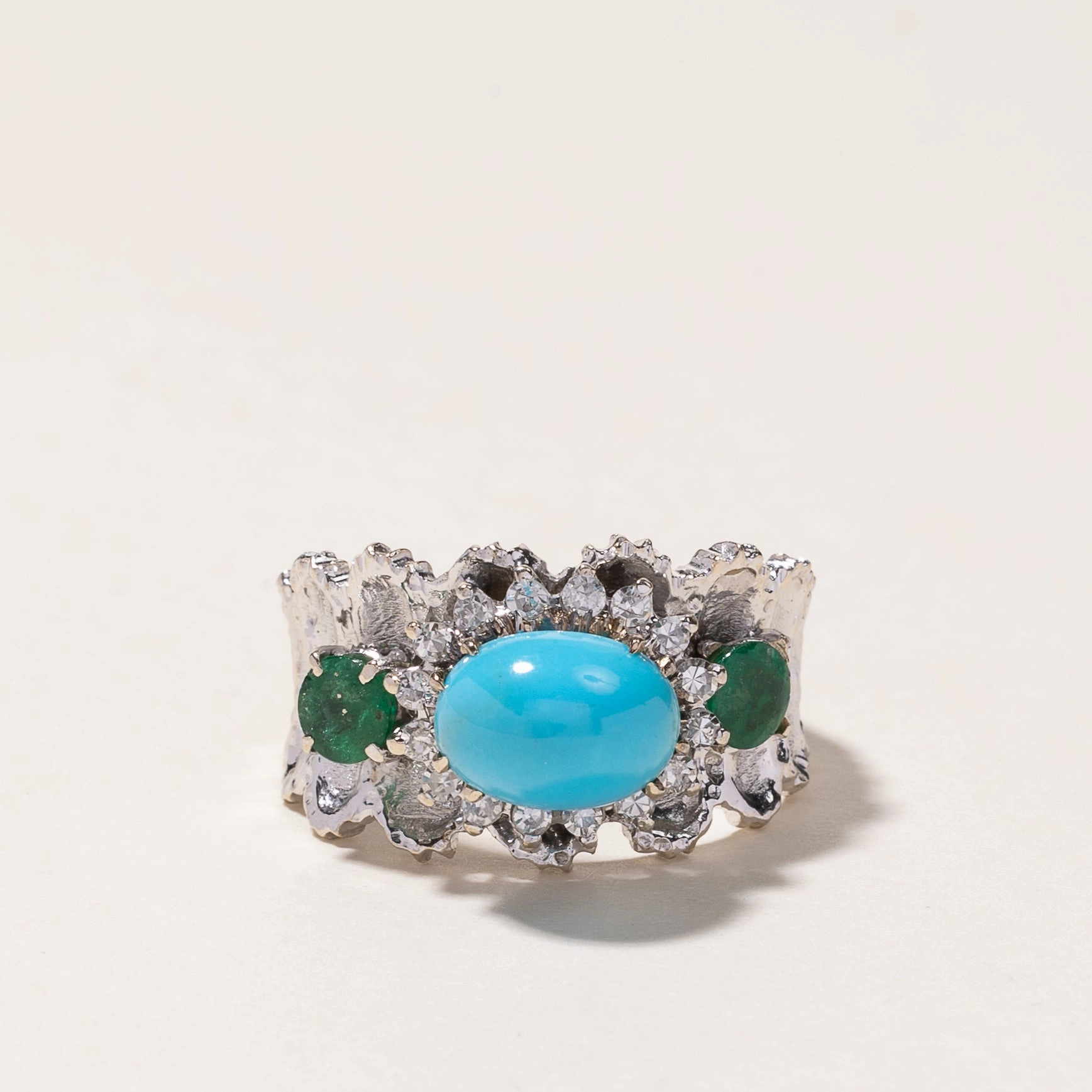 Weekend Sparkle 18k White Gold Turquoise, Emerald & Diamond Ring | 3.10ct, 0.47ctw, 0.28ctw | SZ 8.5